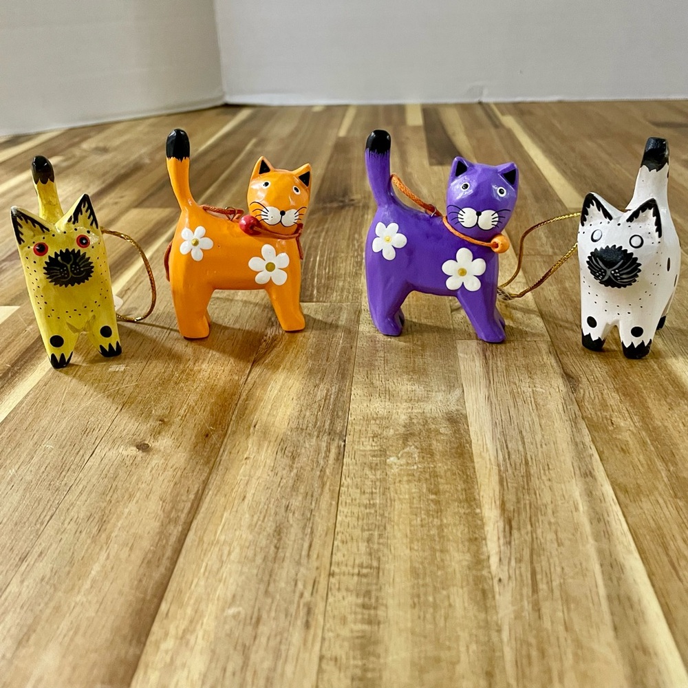 Wooden Hand Painted Cat Christmas Ornaments Made in Indonesia Folk Art Cat Lover